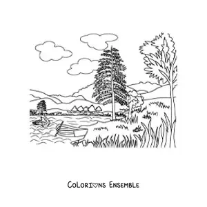 Image à colorier d'un paysage avec un lac