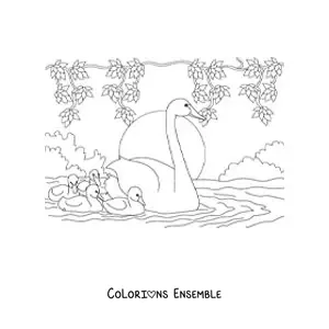Image à colorier de plusieurs cygnes nageant sur le lac