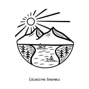 Image à colorier d'un lac dans les montagnes