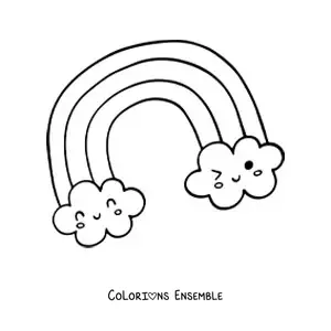 Image à colorier d'un arc-en-ciel kawaii avec des nuages en dessin animé