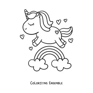 Image à colorier d'un arc-en-ciel avec une licorne kawaii et de petits cœurs