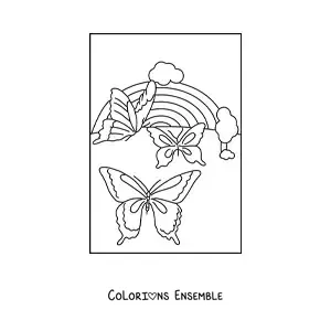 Image à colorier d'un arc-en-ciel avec 3 grands papillons et des nuages
