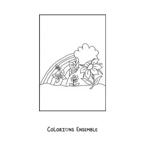 Image à colorier d'un arc-en-ciel avec 2 fleurs, 3 petits papillons et un nuage