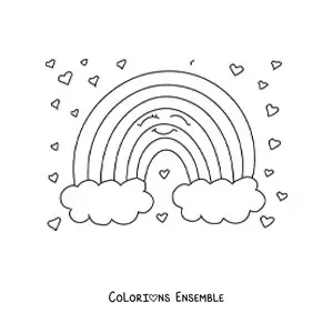 Image à colorier d'un arc-en-ciel souriant en dessin animé avec des nuages, entouré de cœurs