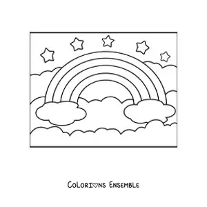 Image à colorier d'un grand arc-en-ciel avec des nuages et des étoiles