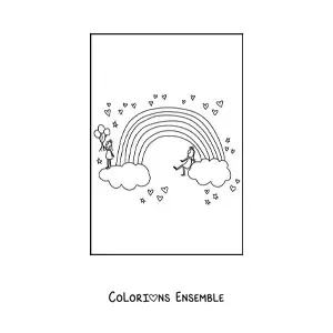 Image à colorier de 2 petites filles sur des nuages aux extrémités d'un arc-en-ciel entouré de cœurs