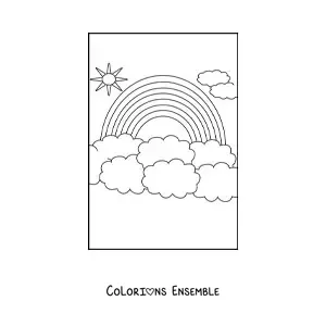 Image à colorier d’un grand arc-en-ciel entouré de nuages et du Soleil