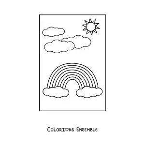Image à colorier d’un joli arc-en-ciel sur fond de nuages et de Soleil