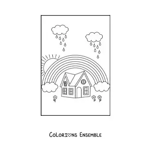 Image à colorier d’un arc-en-ciel au-dessus d’une maison, avec 2 nuages qui pleuvent et un Soleil