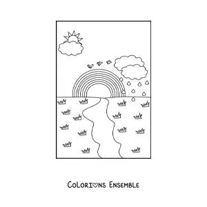 Image à colorier d’un paysage avec un arc-en-ciel, de la pluie et le Soleil