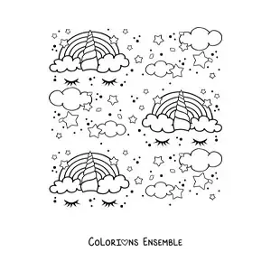 Image à colorier d’un motif d’arc-en-ciel en forme de licorne, avec des nuages et des étoiles