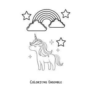 Image à colorier d’un arc-en-ciel avec une licorne et des étoiles