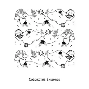 Coloriage d'un motif de jolis arcs-en-ciel avec des nuages, des cupcakes, des cœurs, des fleurs et des feuilles