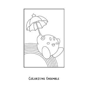 Image à colorier de Kirby avec une ombrelle sur un arc-en-ciel
