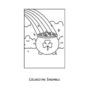 Image à colorier d’un pot d’or orné de trèfles au bout d’un arc-en-ciel