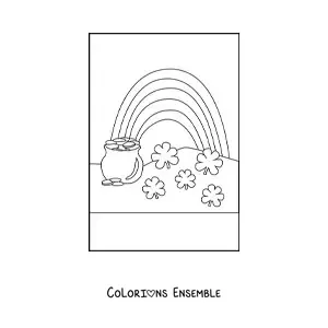 Image à colorier d’un arc-en-ciel avec un pot d’or et 5 trèfles