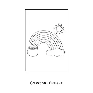 Image à colorier d’un arc-en-ciel avec un Soleil, un nuage et un pot d’or