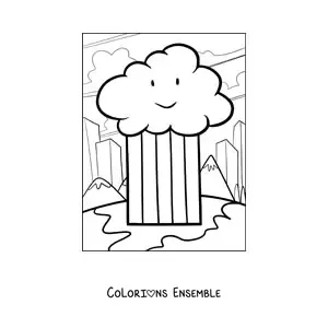 Image à colorier d’un nuage de dessin animé avec un arc-en-ciel, des montagnes et une ville en arrière-plan