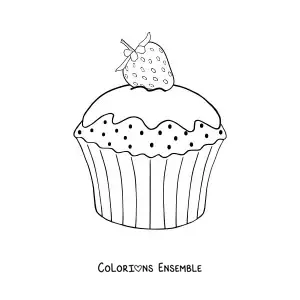 Image à colorier d'un cupcake décoré d'une fraise