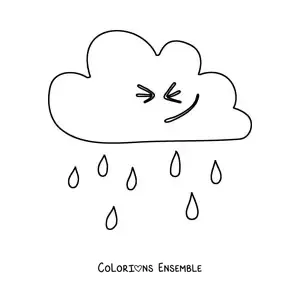 Image à colorier d’un nuage de dessin animé qui sourit avec de la pluie
