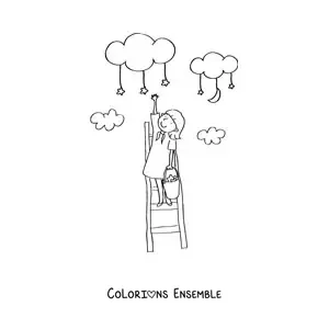 Image à colorier d’une fille sur une échelle qui touche les nuages et ramasse des étoiles