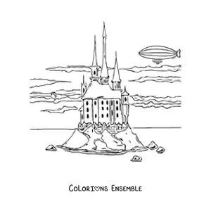 Image à colorier d’un château sur une île avec des nuages réalistes dans le ciel et un dirigeable en arrière-plan