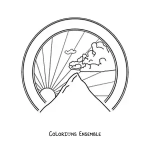 Image à colorier d’un paysage de montagne avec un nuage réaliste et le Soleil en arrière-plan