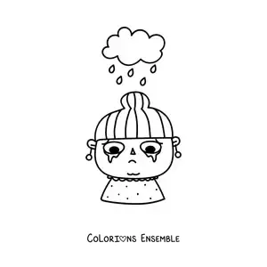Image à colorier d’une fille qui pleure avec un nuage de pluie au-dessus de sa tête