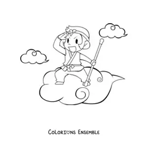 Image à colorier d’un singe de dessin animé qui voyage sur un nuage, avec des nuages en arrière-plan