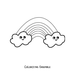 Image à colorier de nuages de dessin animé souriants avec un arc-en-ciel
