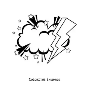 Image à colorier d’un nuage avec un grand éclair et des étoiles