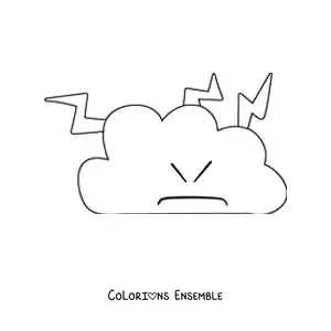 Image à colorier d’un nuage de dessin animé en colère avec des éclairs qui en sortent