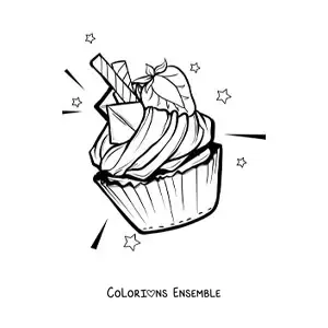 Image à colorier d'un cupcake décoré de crème et d'une fraise