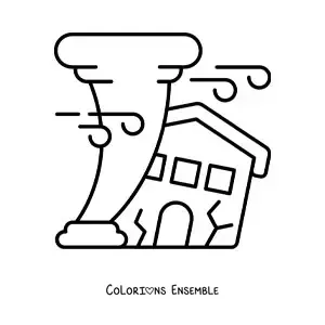 Image à colorier d’une maison détruite par un ouragan
