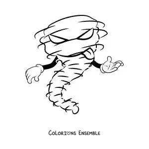 Image à colorier d’un ouragan de dessin animé méchant avec des mains