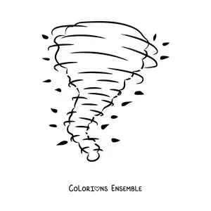 Image à colorier d’un ouragan qui emporte des feuilles d’arbres