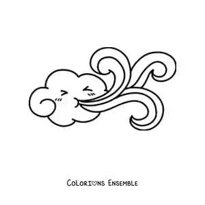 Image à colorier d’un nuage kawaii qui souffle
