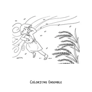 Image à colorier d’un homme emporté par le vent dans un champ de blé
