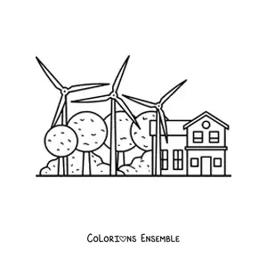 Image à colorier d’éoliennes qui fournissent de l’électricité à une maison, avec des arbres en arrière-plan