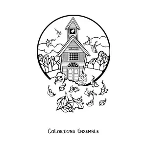 Image à colorier d’une école avec des arbres et des feuilles dans le vent