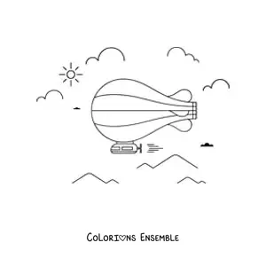 Image à colorier d’un dirigeable qui vole avec des nuages et des montagnes en arrière-plan