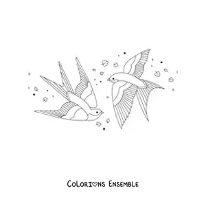 Image à colorier d’oiseaux qui volent avec des feuilles dans le vent en arrière-plan