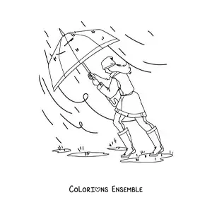 Image à colorier d’une fille avec un parapluie qui marche dans une forte tempête
