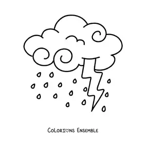 Image à colorier d’un nuage avec de la pluie et un éclair lors d’un orage avec des éclairs