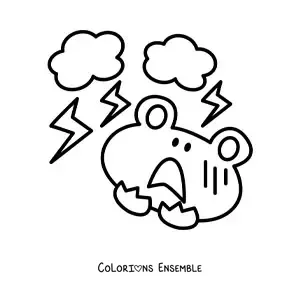 Image à colorier d’une grenouille de dessin animé effrayée par un orage