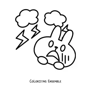 Image à colorier d’un lapin de dessin animé effrayé par un orage