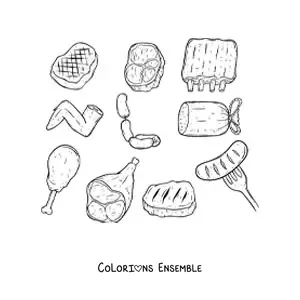 Image à colorier de plusieurs viandes rouges et blanches