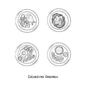 Image à colorier de plusieurs plats avec de la viande cuite