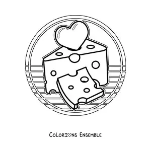 Image à colorier d’un morceau et d’une tranche de fromage avec un cœur