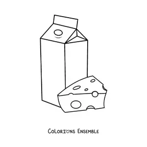 Image à colorier d’un morceau de fromage et d’une brique de lait